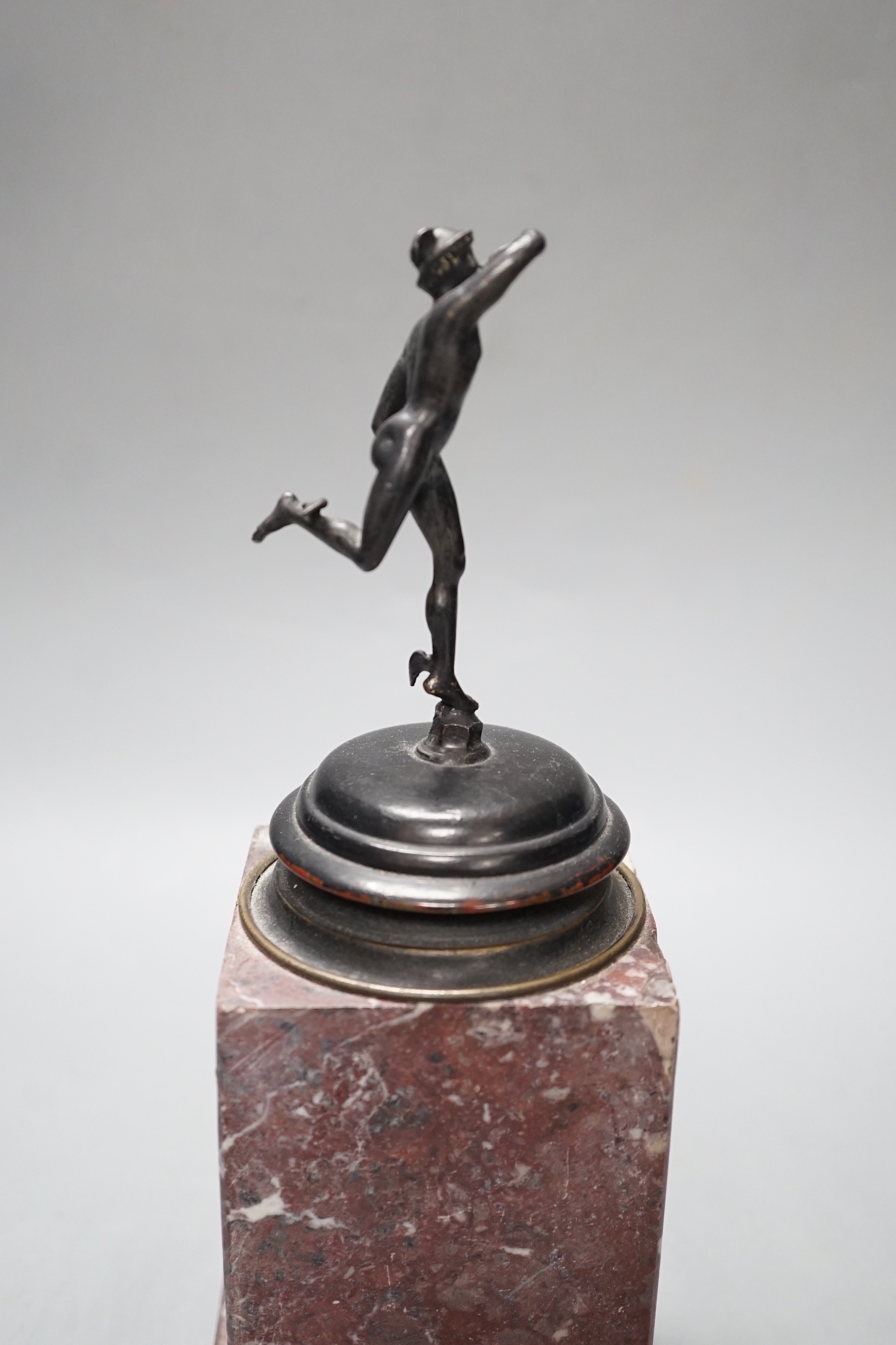 A 19th century bronze figure of Hermes on a marble pedestal, 26cm
